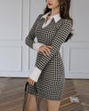 Shirt Collar Splicing Slim Houndstooth Bodycon Dress