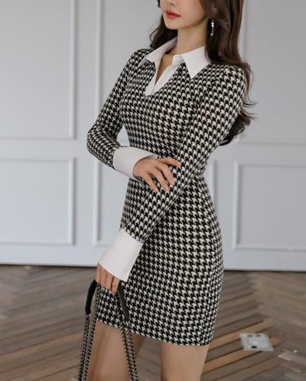 Shirt Collar Splicing Slim Houndstooth Bodycon Dress