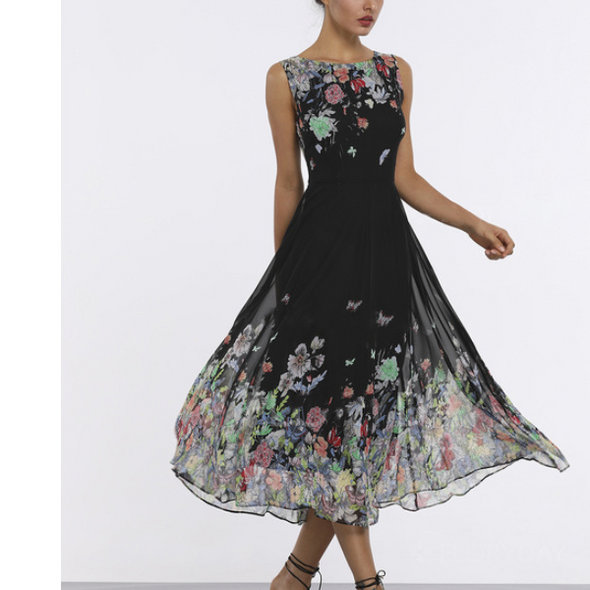 Print Round Neck Sleeveless Evening Dress