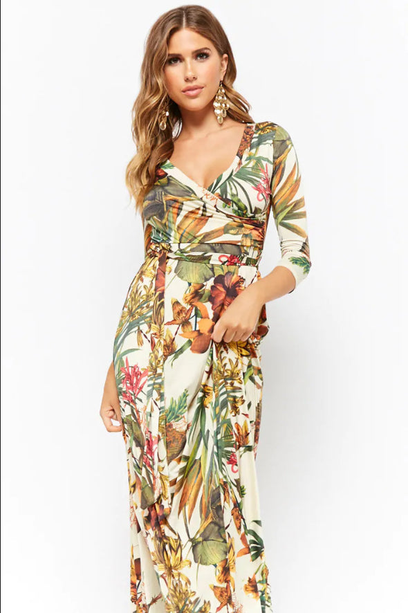 New Deep V-neck Cropped Sleeve Print Dress