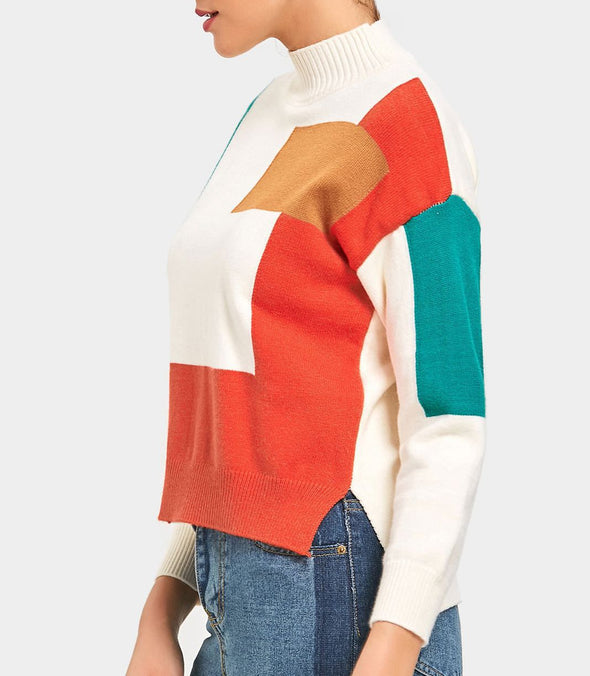 New square color matching long sleeve sweater