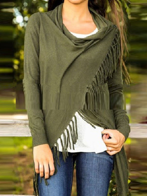 Asymmetric Hem Tassel  Plain Cardigans