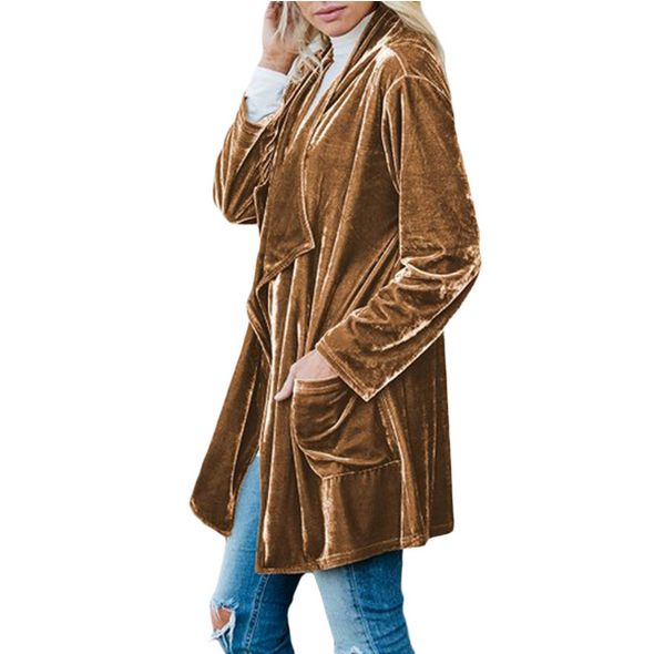 Fashion Gold Velvet Long Trench Cardigan Coat