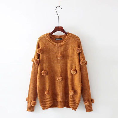 Fashion Solid O-Neck Ball Decoration Sweaters