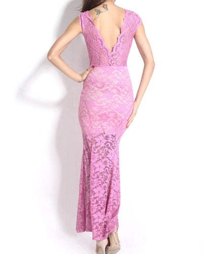 Short Sleeved V-Neck Lace Stitching Halter Evening Dress