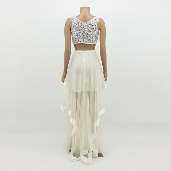 Geometric Pattern Net Yarn Irregular Wedding Skater Dress