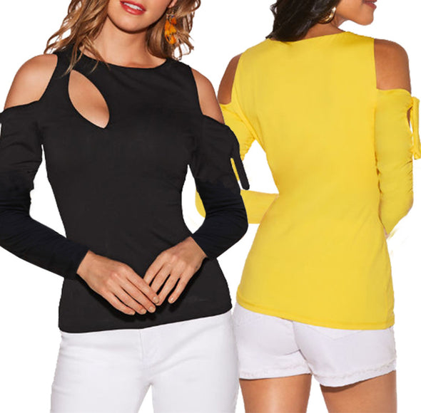 Long Sleeved Off-The-Shoulder Round Neck T-Shirt