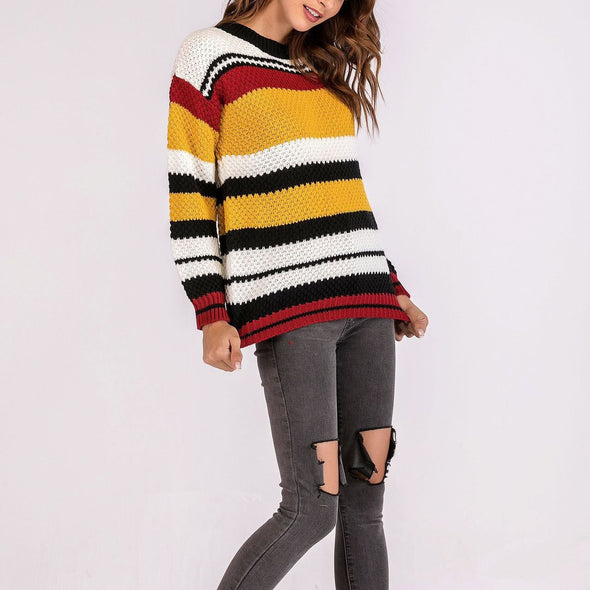 Striped Contrast  Sweater Round Neck Turtleneck Sweater Was Thin