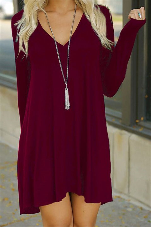 Loose Long-Sleeved V-Veck Solid Color A-Line Dress