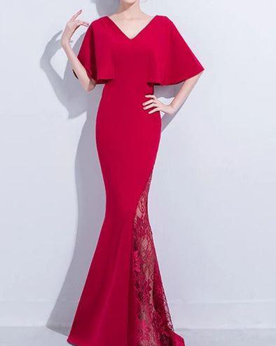 Stitching Lace V-Neck Evening Dress