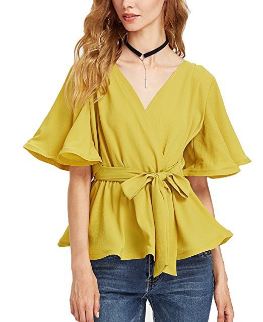 Fashion V-neck solid color with trumpet sleeve chiffon shirt