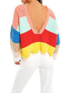 V-Neck Rainbow Striped Fringed Loose Irregular Knit Sweater