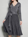 Women's New V-Neck Long Sleeve Knit Silk Pleated Dress