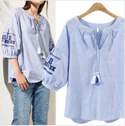 Women's Embroidered Striped Lantern Sleeve Shirt