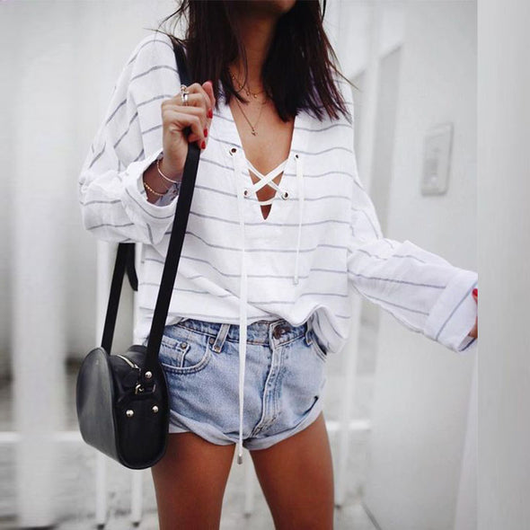 Loose Sexy V Neck Lace Up Striped Long Sleeve T-Shirt