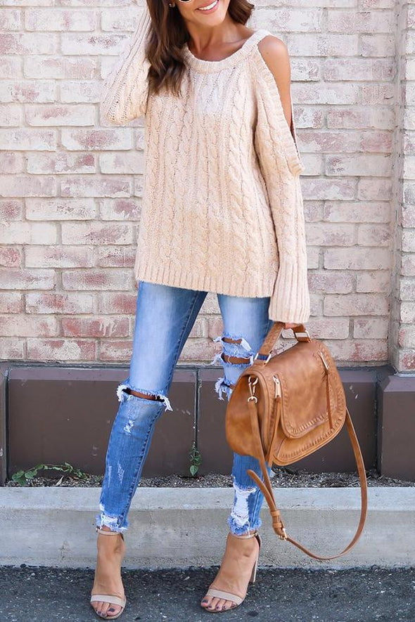 Open Shoulder  Cutout  Plain Sweaters