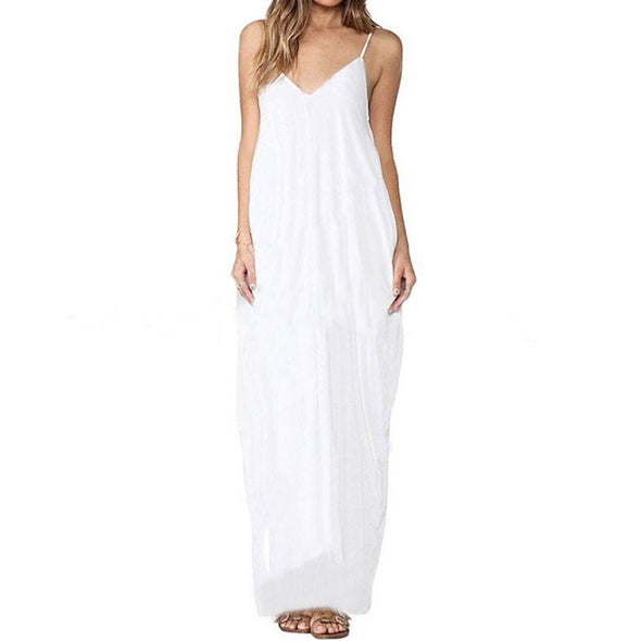 Simple Solid V-Neck Sling Linen Maxi Dress