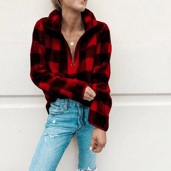 Fashion Zipper Check Long Sleeve High Neck Collar Outwear