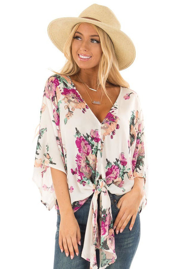 Women's V-neck knotted trumpet sleeve printed chiffon shirt