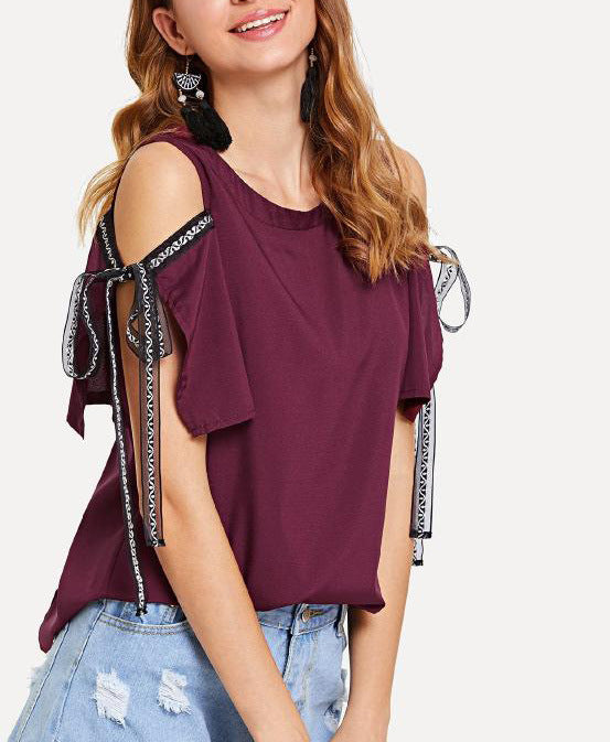 O-Neck Strapless Short-Sleeved Ribbon T-Shirt