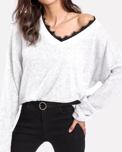 Loose V-Neck Splicing Long-Sleeved Sweater