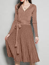 Women's New V-Neck Long Sleeve Knit Silk Pleated Dress