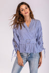 Women's New V-neck Strap Long Sleeve Striped Shirt