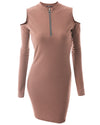 Solid Color Long-Sleeved Off-Shoulder Zip-Knit Dress