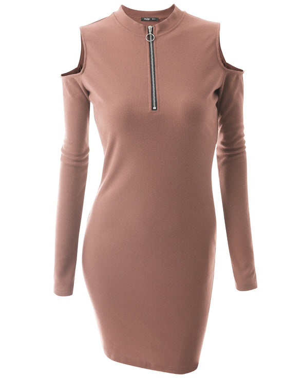 Solid Color Long-Sleeved Off-Shoulder Zip-Knit Dress