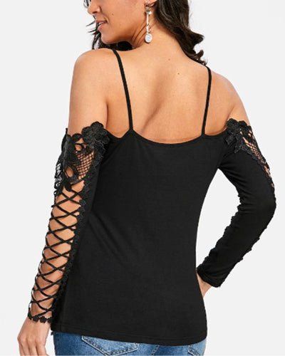 New Sling Strapless Openwork Lace Long-Sleeved T-Shirt