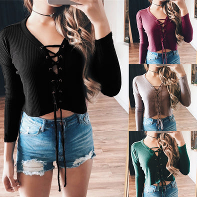 New Solid Color Lace-up Sweater Top