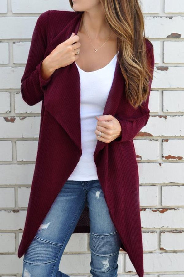 Casual  Fold Over Collar  Plain Cardigans