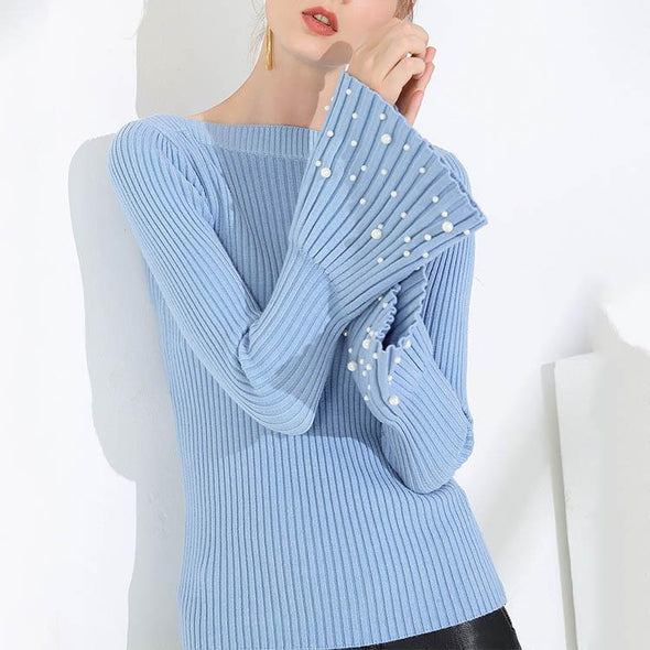 Off Shoulder Flare Sleeve Beading Sweater