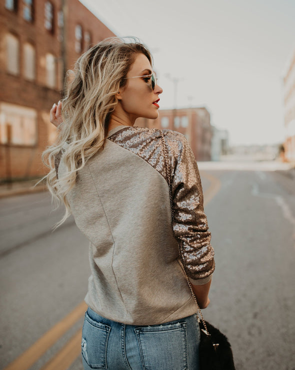 New Sequin Stitching Solid Color Sweatshirt