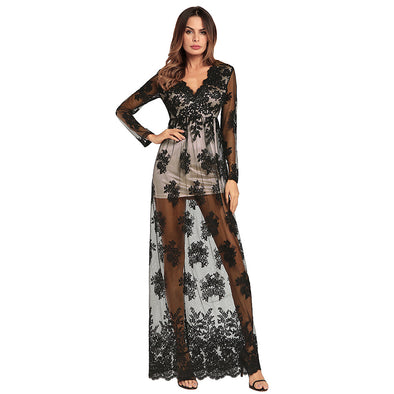 New V-neck Long Sleeve Mesh Embroidered Perspective Evening Dress