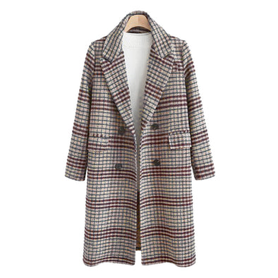 Fashion Check Long Sleeve Lapel Woolen Coat