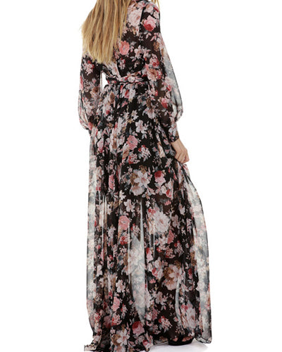 Printed Long-Sleeved V-Neck Evening Dress