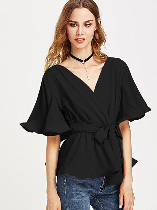 Fashion V-neck solid color with trumpet sleeve chiffon shirt