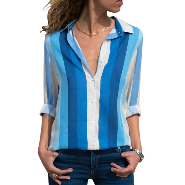 Women's Casual Striped Long-Sleeved V-Neck Shirt