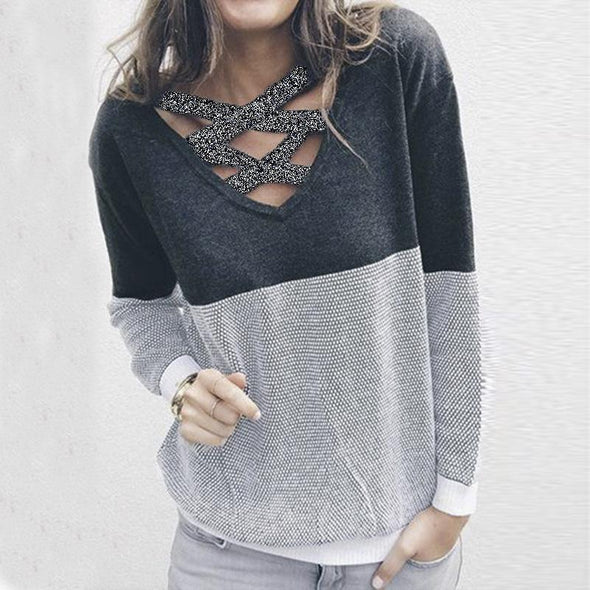 Round Neck Cross Hollow Out V Neck Color Block Two Way Knitting Sweaters