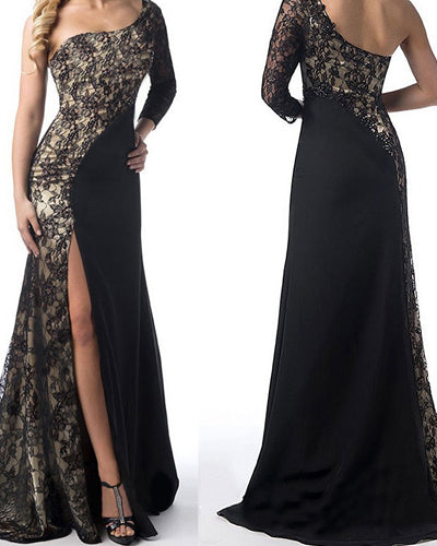 Sexy Slash Neck Lace Stitching Evening Dress