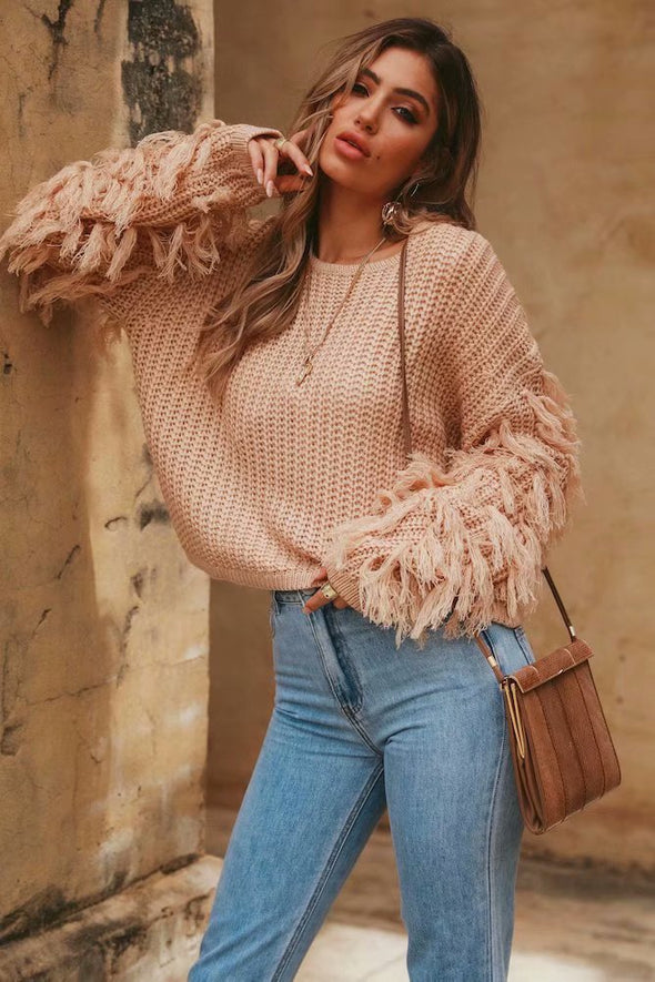 Casual Solid O-Neck tassel Knitting Sweater