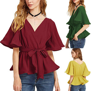 Fashion V-neck solid color with trumpet sleeve chiffon shirt
