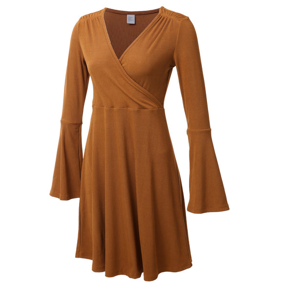 Solid Color Long Sleeve V-Neck Knit Dress