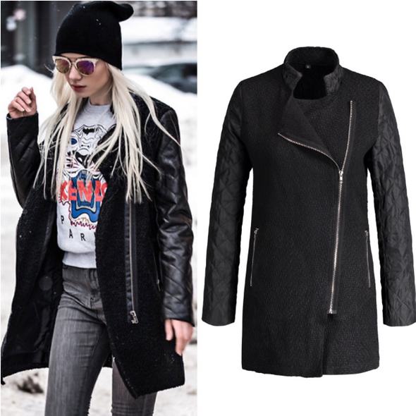 Band Collar Zipper Patchwork Outerwear