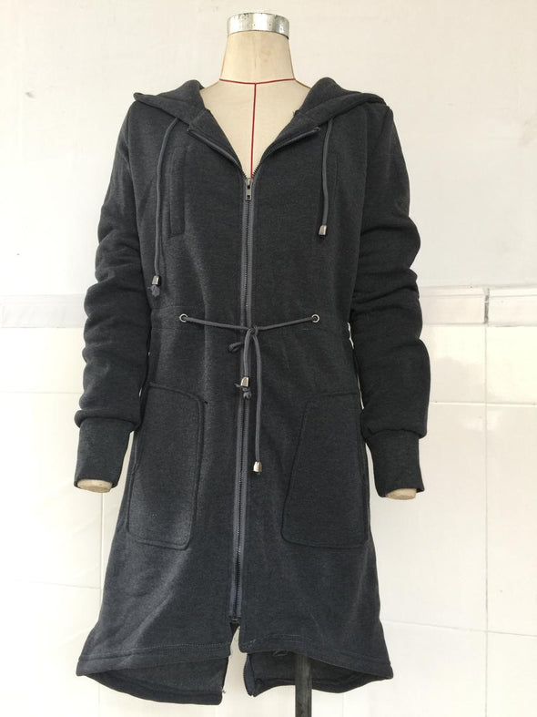 Drawstring Waist Longline Pockets Hooded Jacket