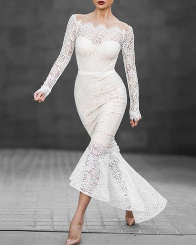 Off Shoulder Transparent Lace Mermaid Evening Dress