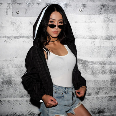 Fashion Street Solid Stripe Sleeve Stitching Short Hooded Jacket