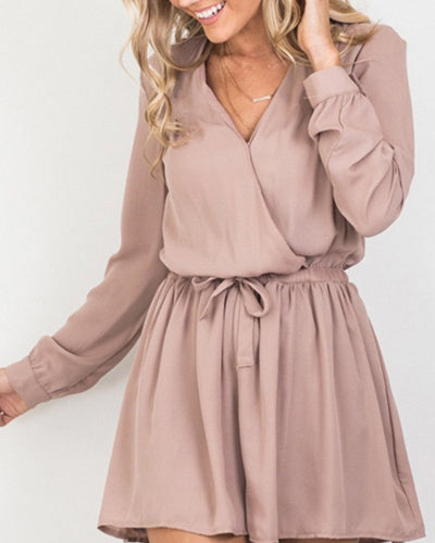 Fashion Solid V-Neck Long Sleeve Belt Dress