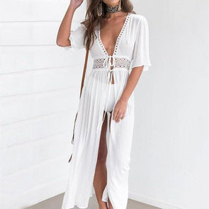 Bandage Openwork Pure Color Maxi Vacation Dresses